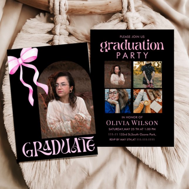 Pink and Black Bow Graduation with Photos Invitation (Creator Uploaded)