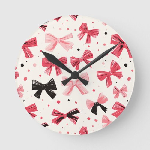 Pink and Black Bow Print Round Clock