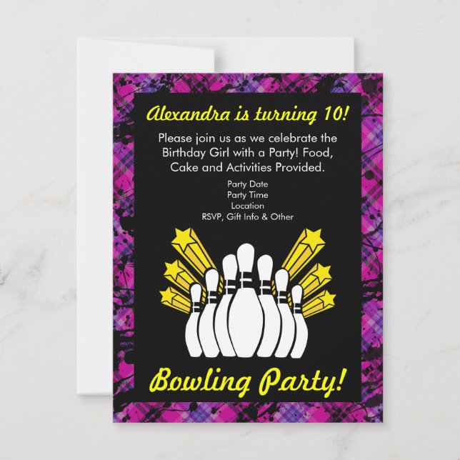 Pink and Black Bowling Birthday Party Invitation (Front)