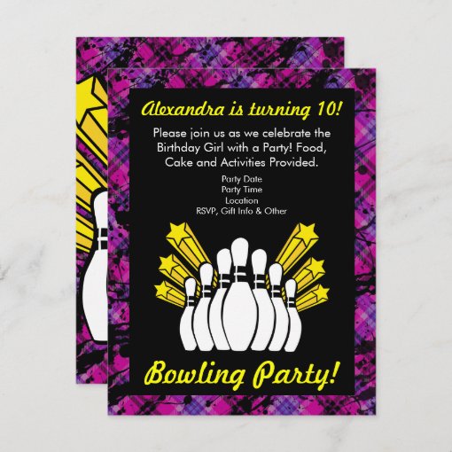 Pink and Black Bowling Birthday Party Invitation | Zazzle