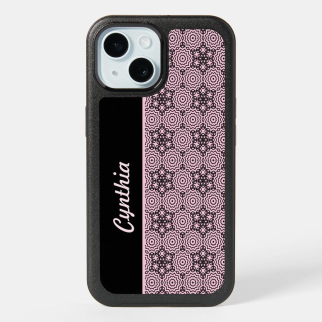 Pink and Black Box Mandala Graphic Design iPhone 15 Case (Back)