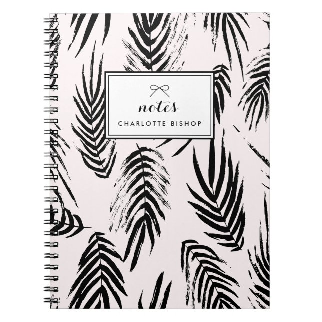 Pink and Black Brush Palm Leaves Pattern Custom Notebook (Front)