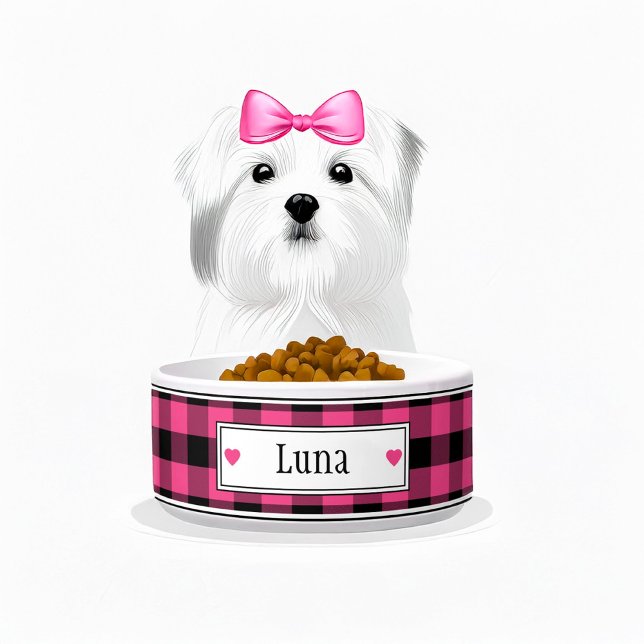 Pink and Black Buffalo Plaid Name Bowl (pink and black plaid personalized dog bowl)