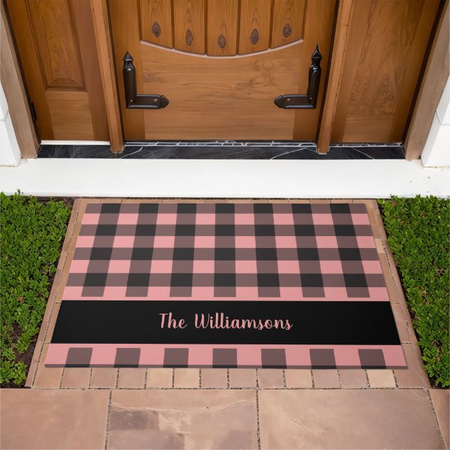 Pink and Black Buffalo Plaid Pattern Personalize Doormat (Outdoor)