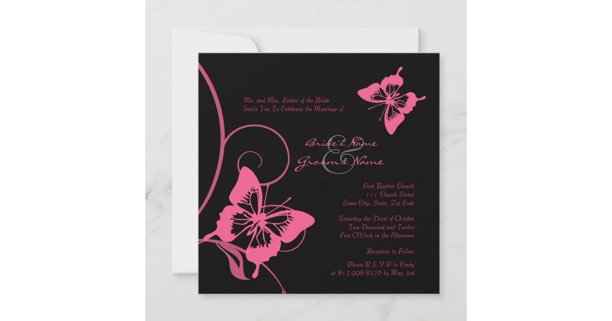 Pink and Black Butterfly Wedding Invitation | Zazzle