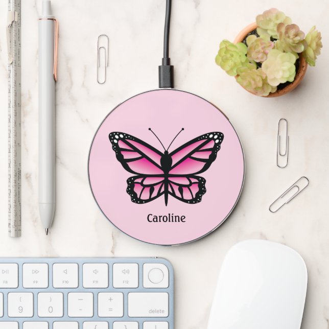 Pink And Black Butterfly With Custom Name Wireless Charger (Desk)