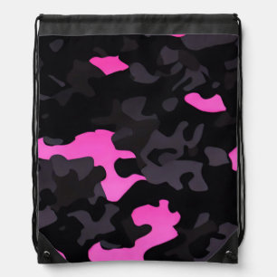Pink and Black Camouflage Drawstring Bag