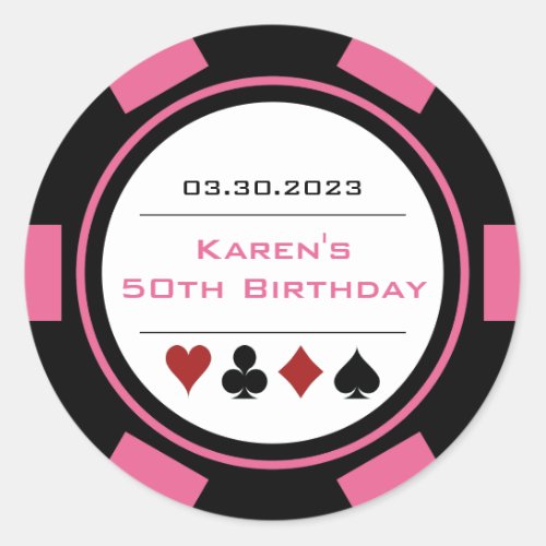 Pink And Black Casino Poker Chip Birthday Classic Round Sticker