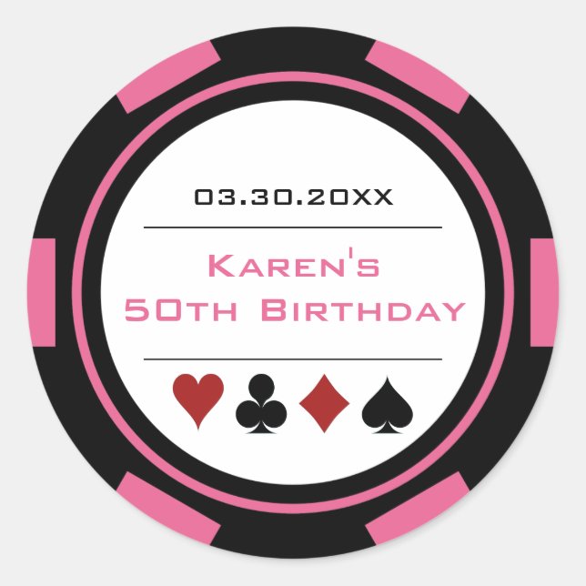 Pink And Black Casino Poker Chip Birthday Classic Round Sticker (Front)