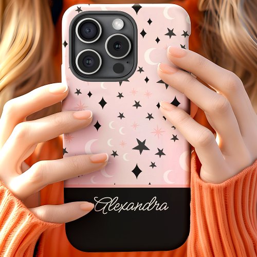 Pink And Black Celestial Moon Stars Script Name iPhone 15 Case