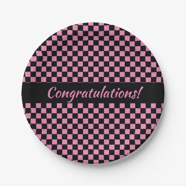 Pink and Black Checkerboard Custom Paper Plates (Front)