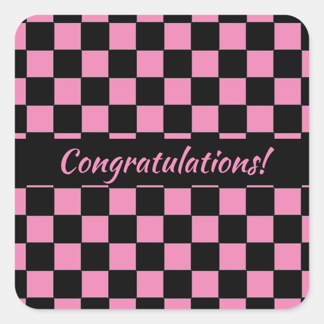 Pink and Black Checkerboard Custom Square Sticker (Front)
