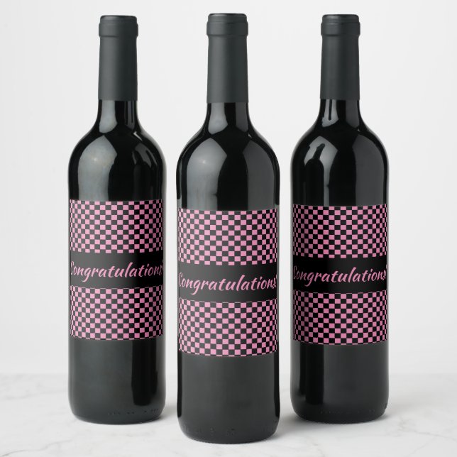 Pink and Black Checkerboard Custom Wine Label (Bottles)