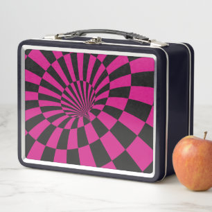 Pink and Black Checkered Abstract Metal Lunchbox