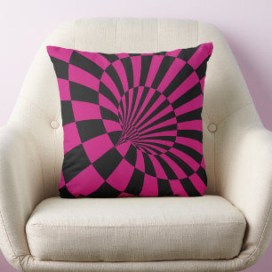 Pink and Black Checkered Illusion Throw Pillow