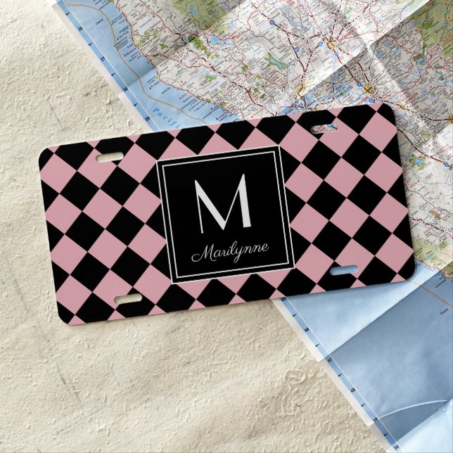 Pink and Black Checkered Modern Monogram and Name License Plate (In Situ)
