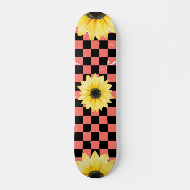 pink and black Checkered & Sunflower  Skateboard (Front)