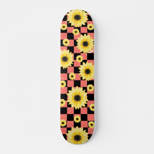 pink and black Checkered & Sunflower  Skateboard (Front)