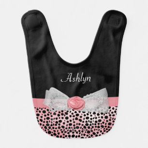 Pink and Black Cheetah Print Cute Bow Baby Name Bib