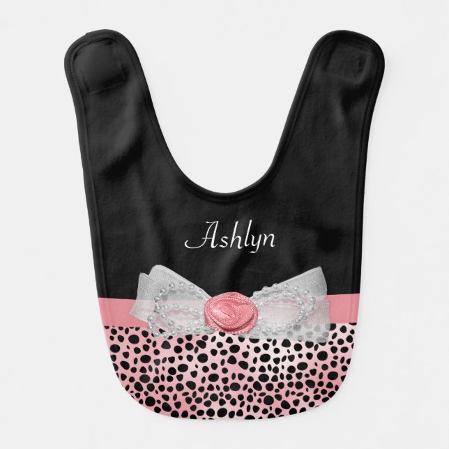 Pink and Black Cheetah Print Cute Bow Baby Name Bib (Front)