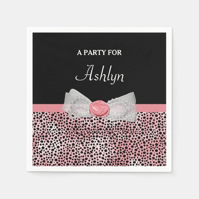 Pink and Black Cheetah Print Cute Bow With Name Paper Napkins (Front)