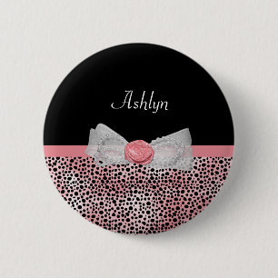 Pink and Black Cheetah Print Cute Bow With Name Pinback Button