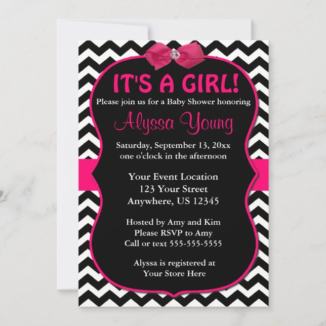 Pink and Black Chevron Baby Shower Invite (Front)