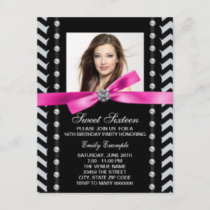 Pink and Black Chevron Sweet 16 Birthday Party Invitation