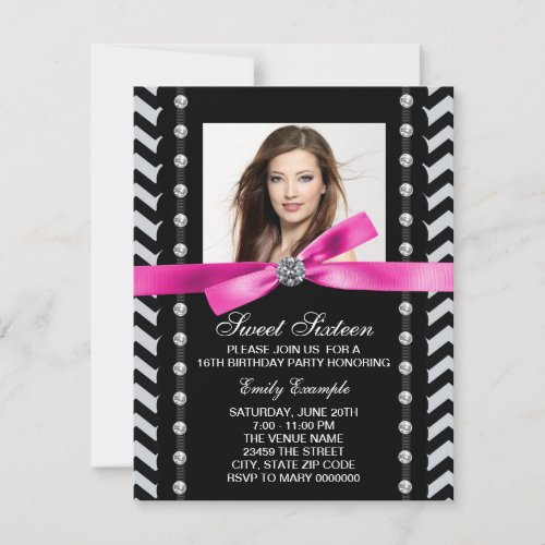 Pink and Black Chevron Sweet 16 Birthday Party Personalized Announcements