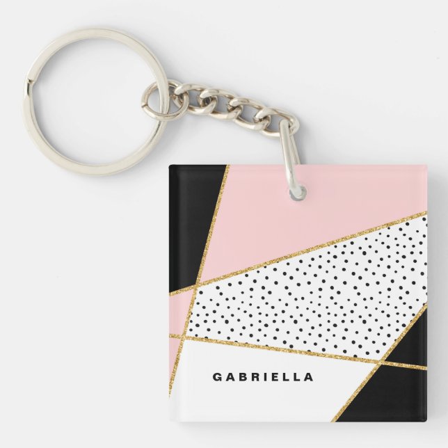 Pink and Black Chic Abstract Pattern Custom Keychain (Front)