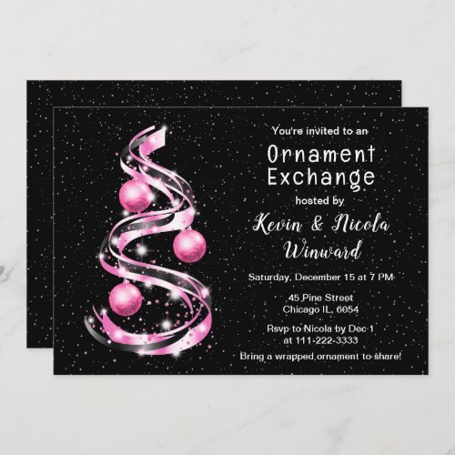 Pink and Black Christmas Ornament Exchange Invitation