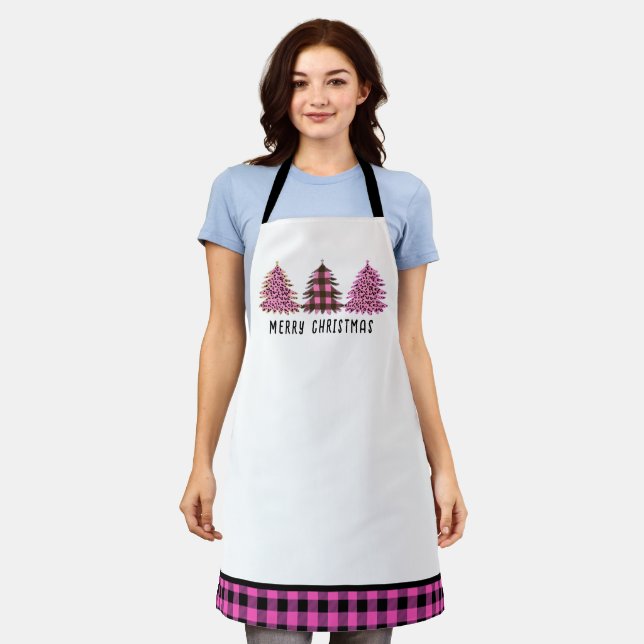 Pink and Black Christmas Tree Trio  Apron (Worn)
