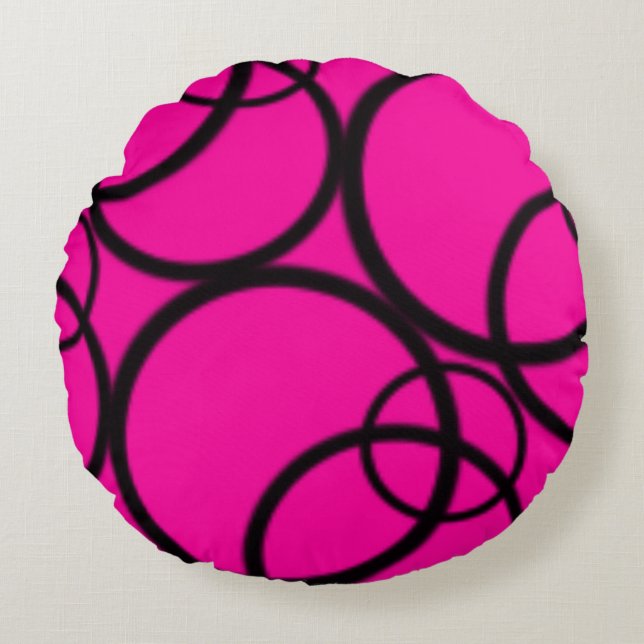 Pink and Black Circles Round Pillow (Front)