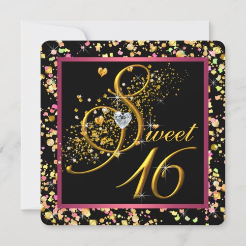 Pink and Black Confetti Sweet Sixteen Invitation