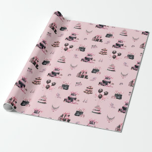 Pink and Black Couture Fashion Birthday Pattern Wrapping Paper