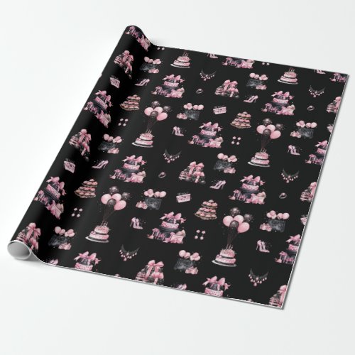 Pink and Black Couture Fashion Birthday Pattern Wrapping Paper