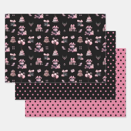 Pink and Black Couture Fashion Birthday Pattern Wrapping Paper Sheets