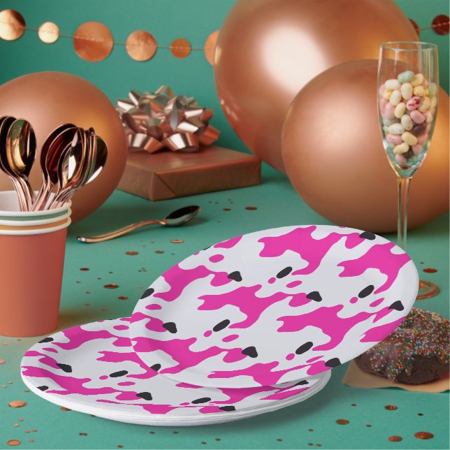 Pink and Black Cow Print Pattern Paper Plates (Multi)