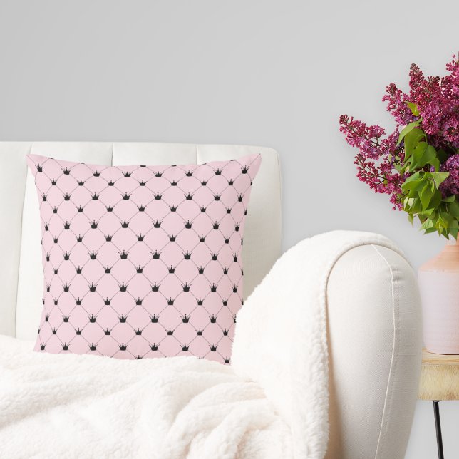 Pink and Black Crown Pattern Throw Pillow (Creator Uploaded)