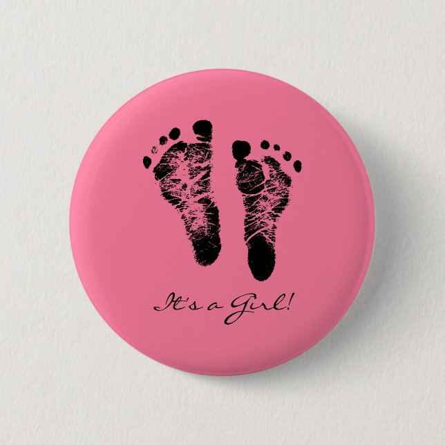 Pink and Black Cute Baby Footprints Its a Girl Button (Front)