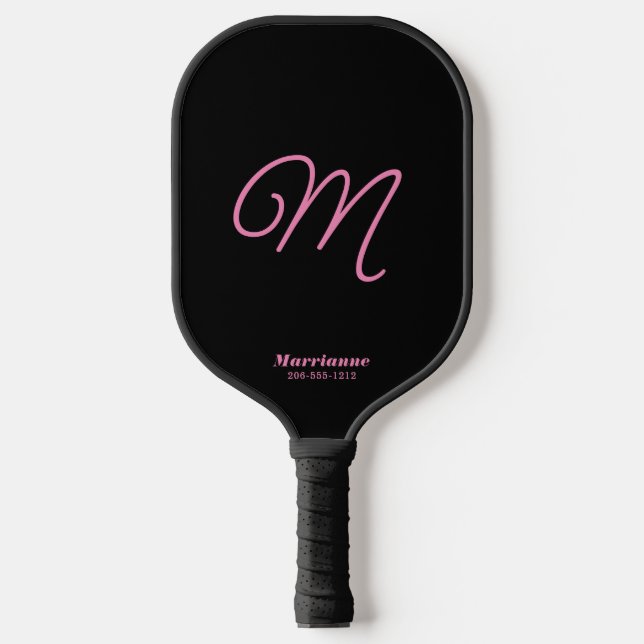Pink and Black Cute Simple Initial Script Monogram Pickleball Paddle (Front)