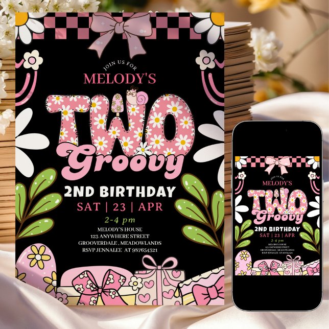 Pink and Black Daisy 2nd Birthday Retro Birthday Invitation (Creator Uploaded)