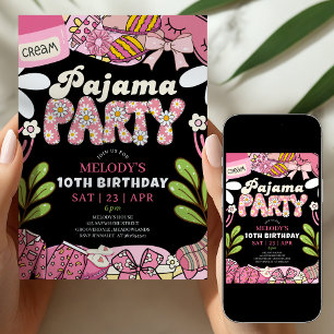 Pink and Black Daisy Pajama Party Birthday  Invitation