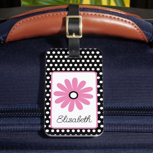 Pink and Black Daisy With White Polka Dots Luggage Tag