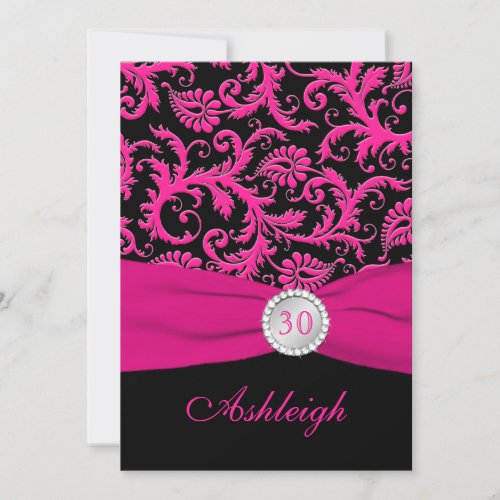 Pink and Black Damask 30th Birthday Invitation