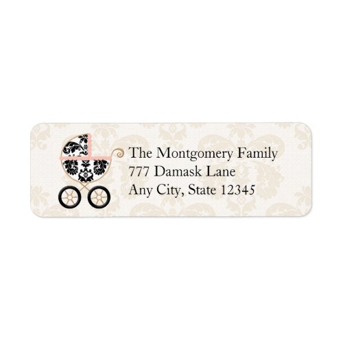 Pink and Black Damask Baby Carriage Return Label