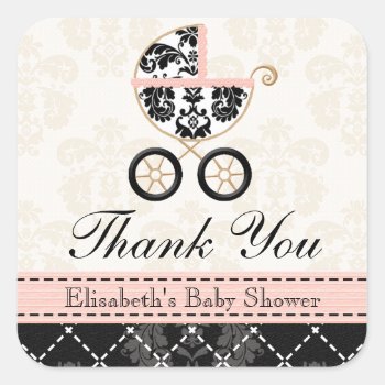 Pink And Black Damask Baby Carriage Thank You Square Sticker by OccasionInvitations at Zazzle