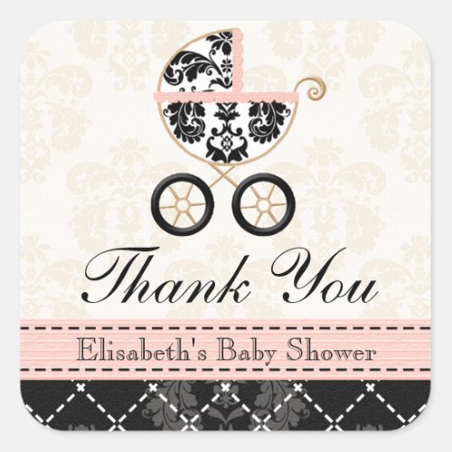 Pink and Black Damask Baby Carriage Thank You Square Sticker