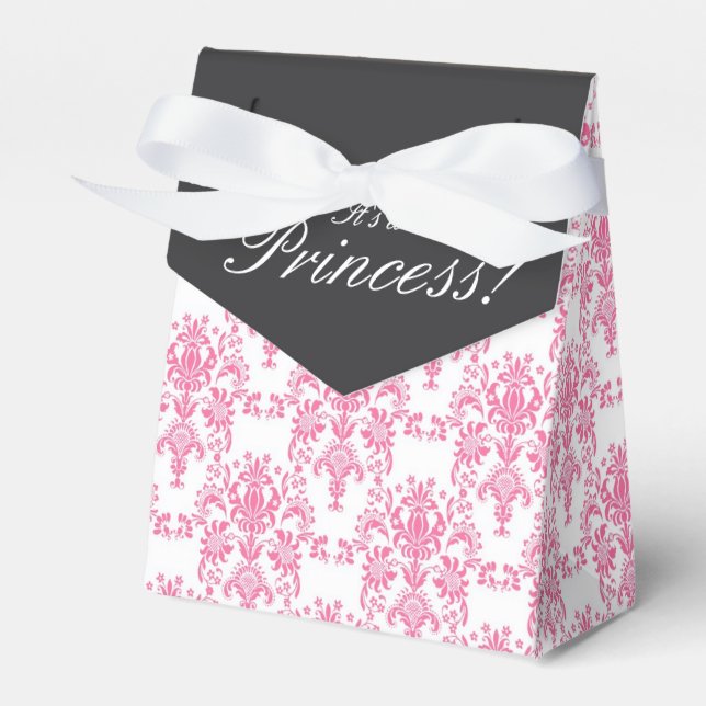 Pink and Black Damask Baby Shower Favor Boxes (Front Side)