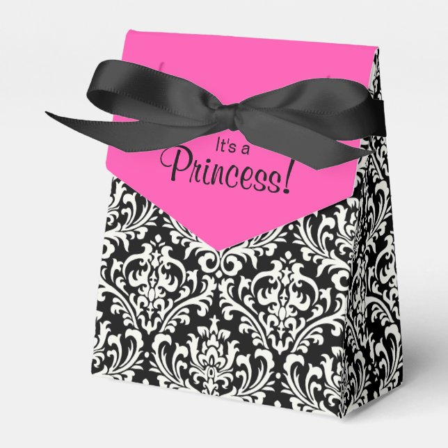Pink and Black Damask Baby Shower Favor Boxes (Front Side)